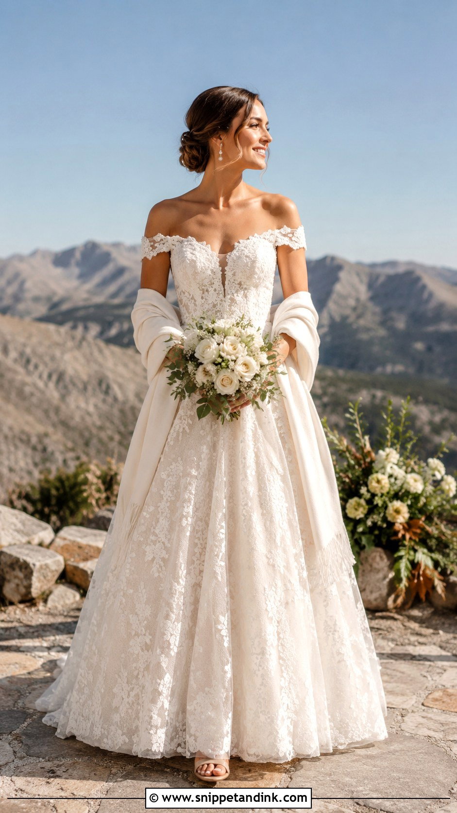 Off The Shoulder Mountain Wedding Dress - Snippet and Ink - 25 Mountain Wedding Dress Ideas