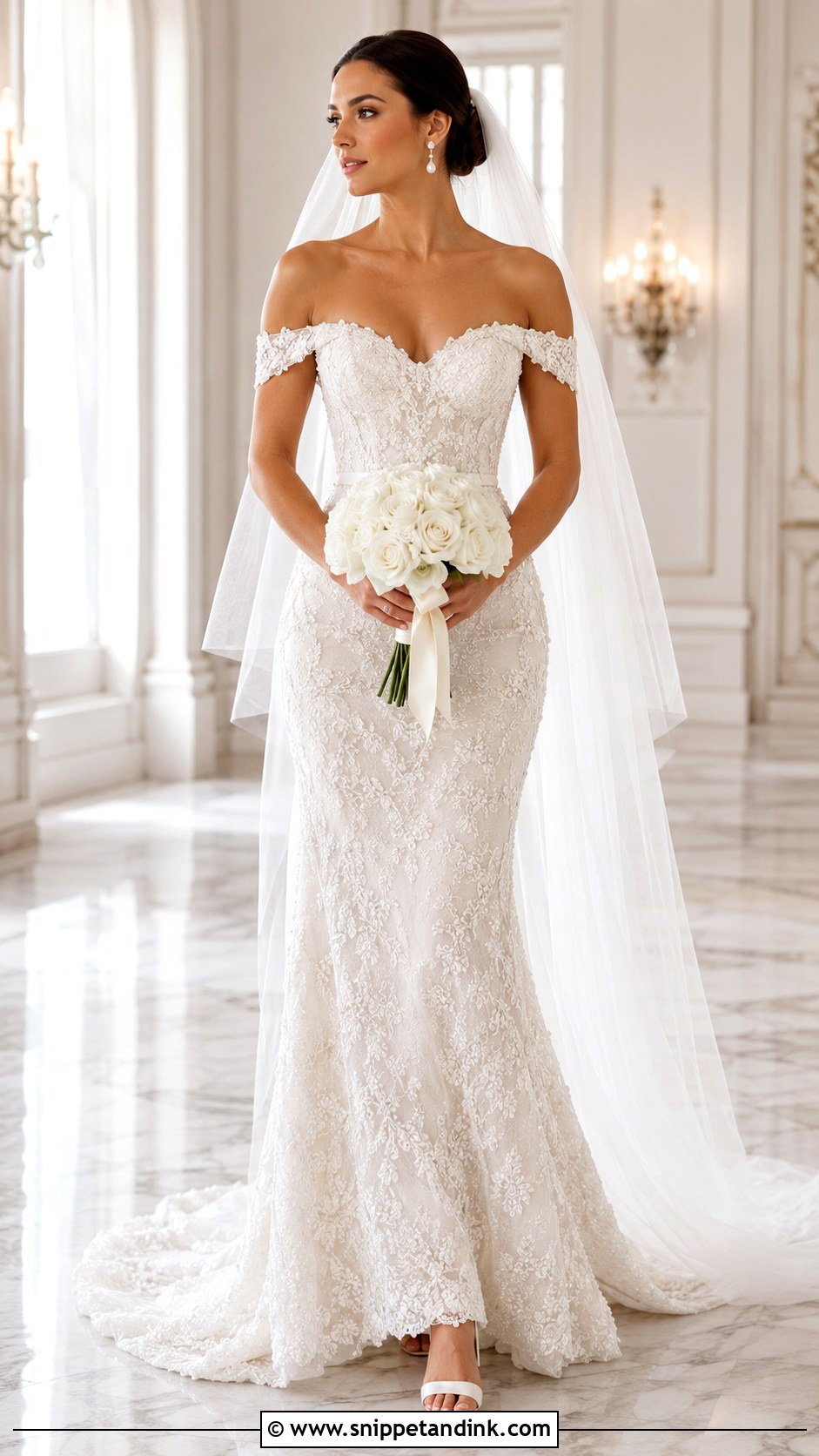 Off The Shoulder Pearl Beaded Lace Wedding Dress - Snippet and Ink - 20 David’s Bridal Wedding Dresses