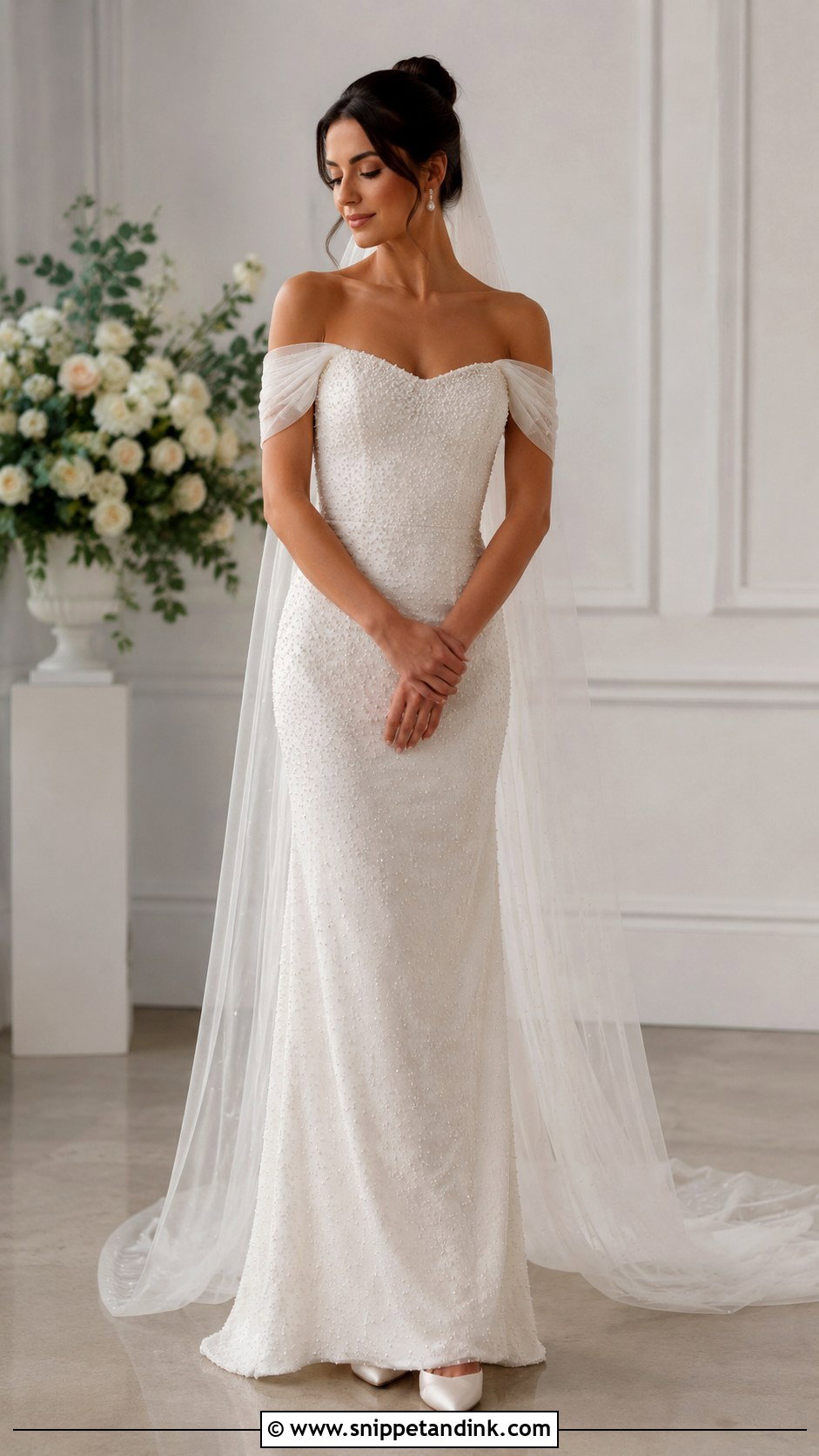 Off The Shoulder Pearl Wedding Dress - Snippet and Ink - 25 Off the Shoulder Wedding Dress Ideas