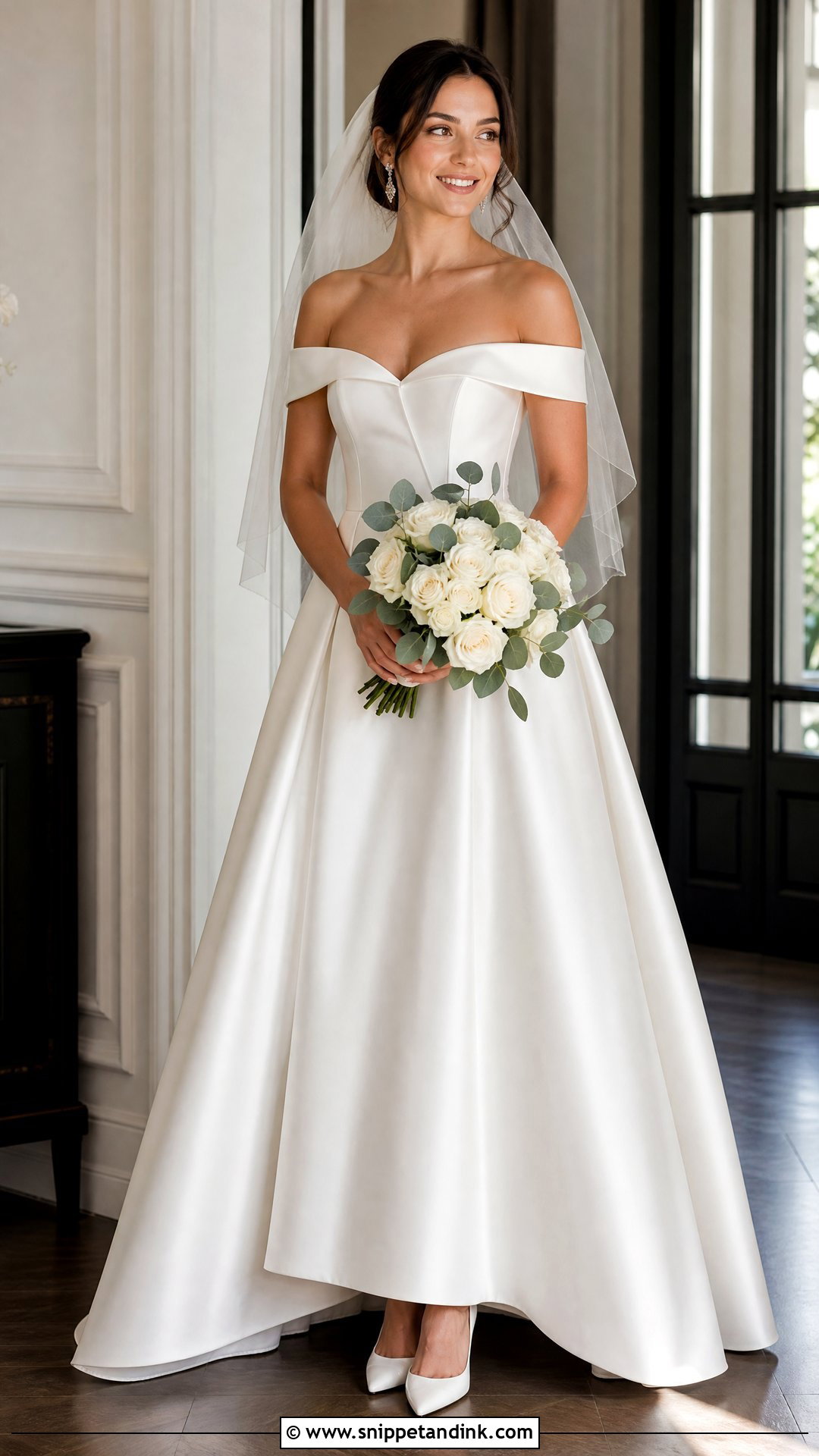 Off The Shoulder Satin A Line Wedding Dress - Snippet and Ink - 20 Satin Aline Wedding Dress Ideas