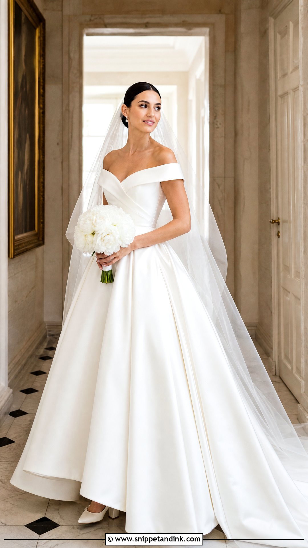 Off The Shoulder Satin Ballgown Wedding Dress - Snippet and Ink - 25 Satin Ballgown Wedding Dress Ideas