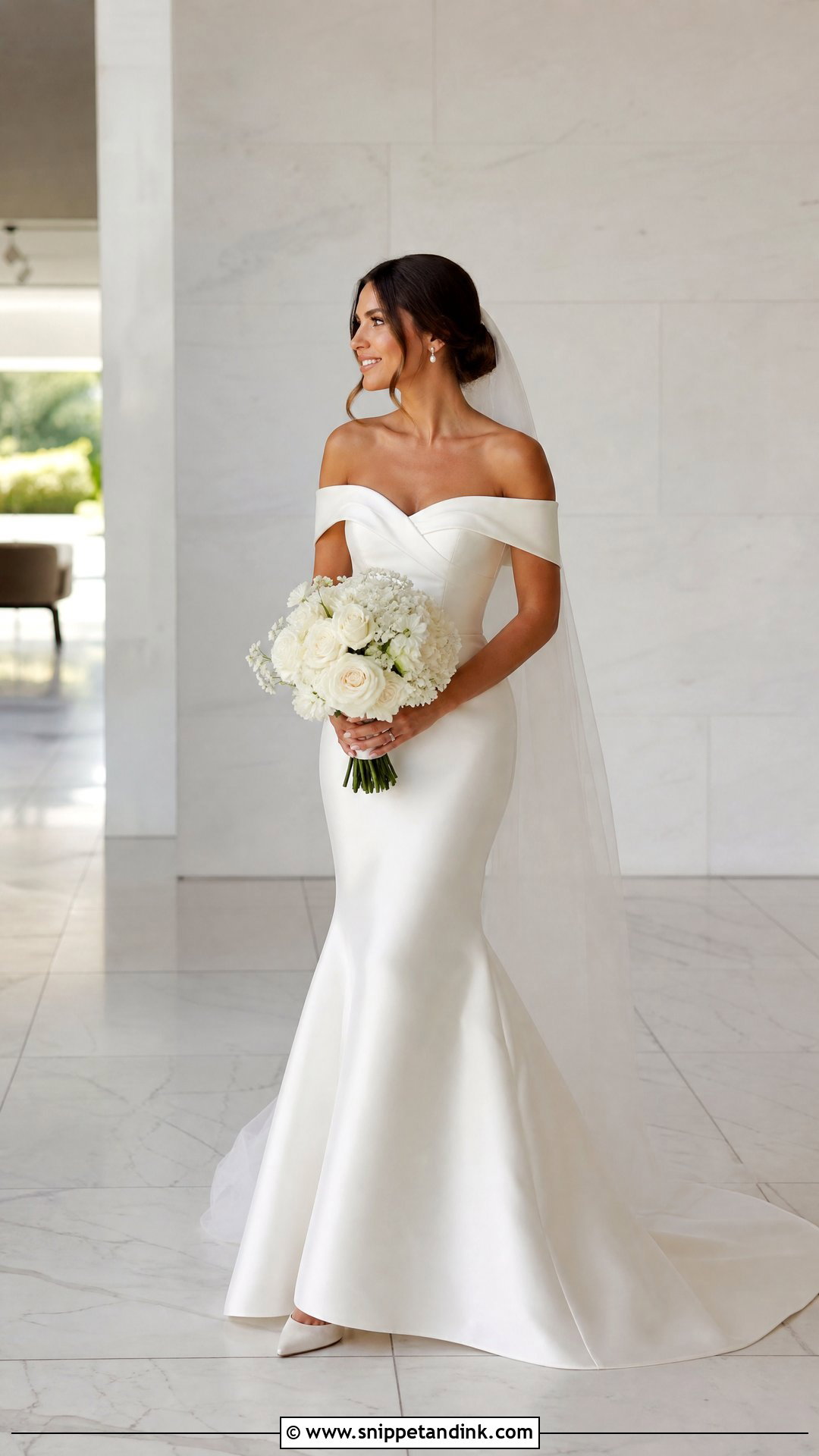 Off The Shoulder Satin Mermaid Wedding Dress - Snippet and Ink - 20 Wedding Dresses for Hourglass Shape