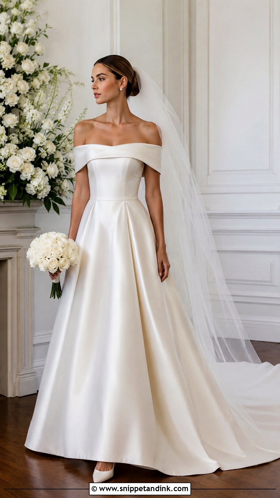 Off The Shoulder Satin Wedding Dress - Snippet and Ink - 25 Off the Shoulder Wedding Dress Ideas