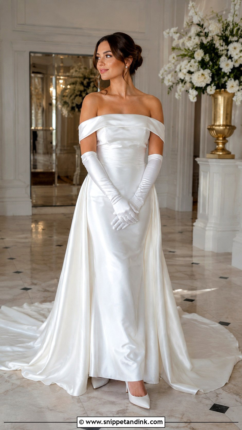 Off The Shoulder Satin Wedding Dress - Snippet and Ink - 30 Old Hollywood Wedding Dress Ideas