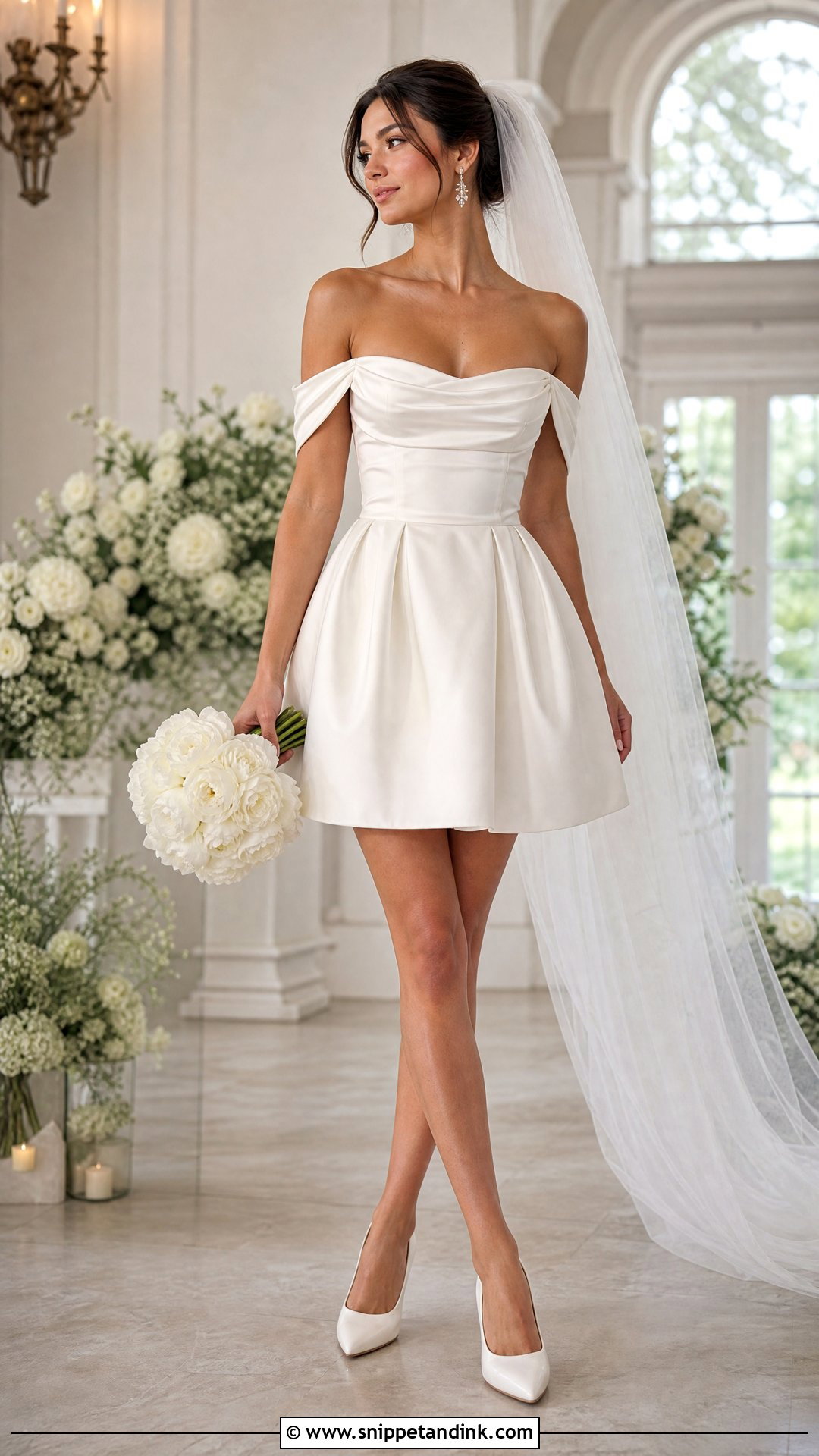 Off The Shoulder Short Satin Wedding Dress - Snippet and Ink - 20 Short Satin Wedding Dress Ideas