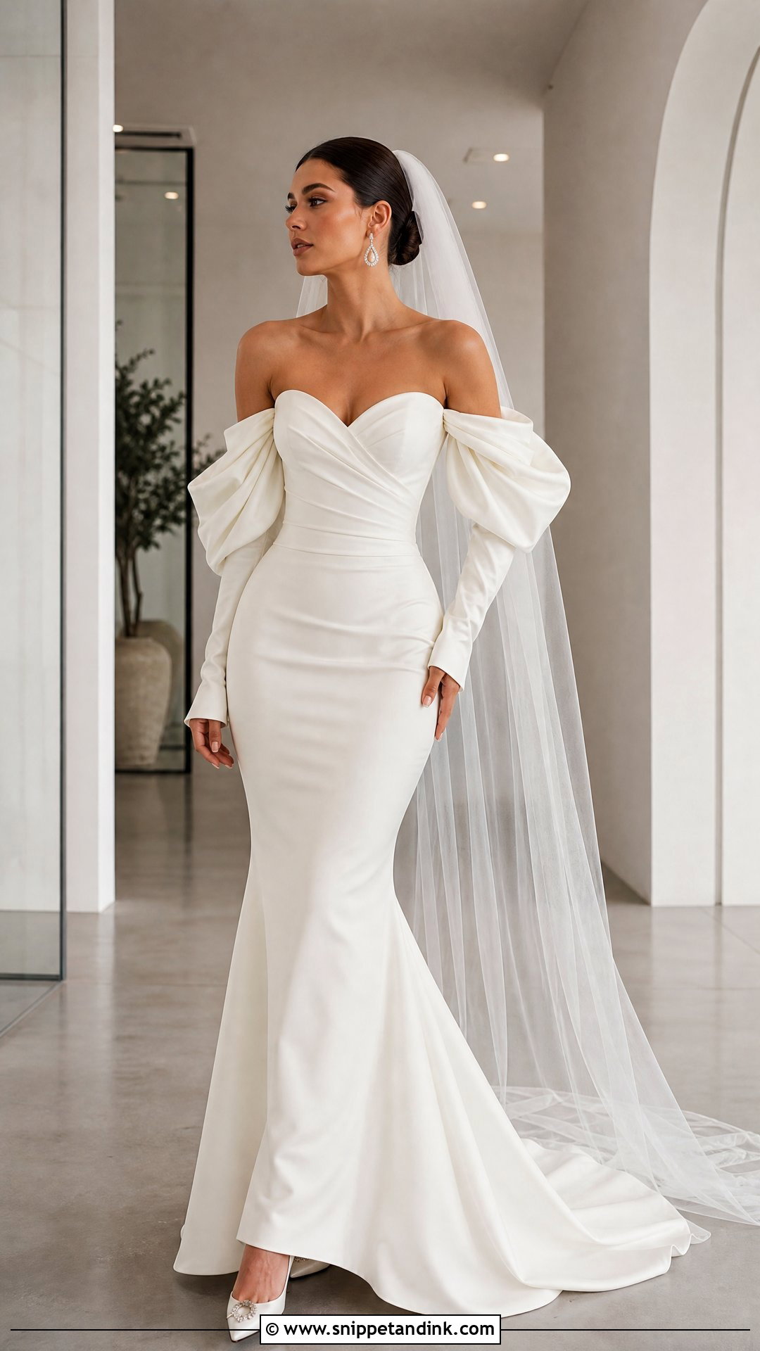 Off The Shoulder Sleeves With Satin Mermaid Gown - Snippet and Ink - 20 Wedding Sleeves Detachable