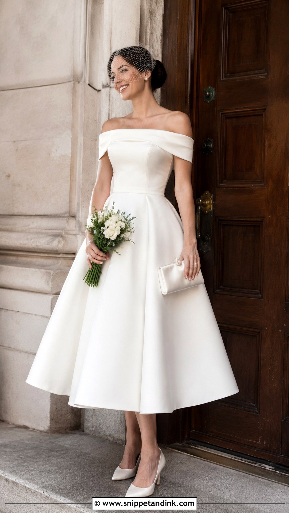 Off The Shoulder Tea Length Courthouse Wedding Dress - Snippet and Ink - 20 Classy Courthouse Wedding Dress Ideas