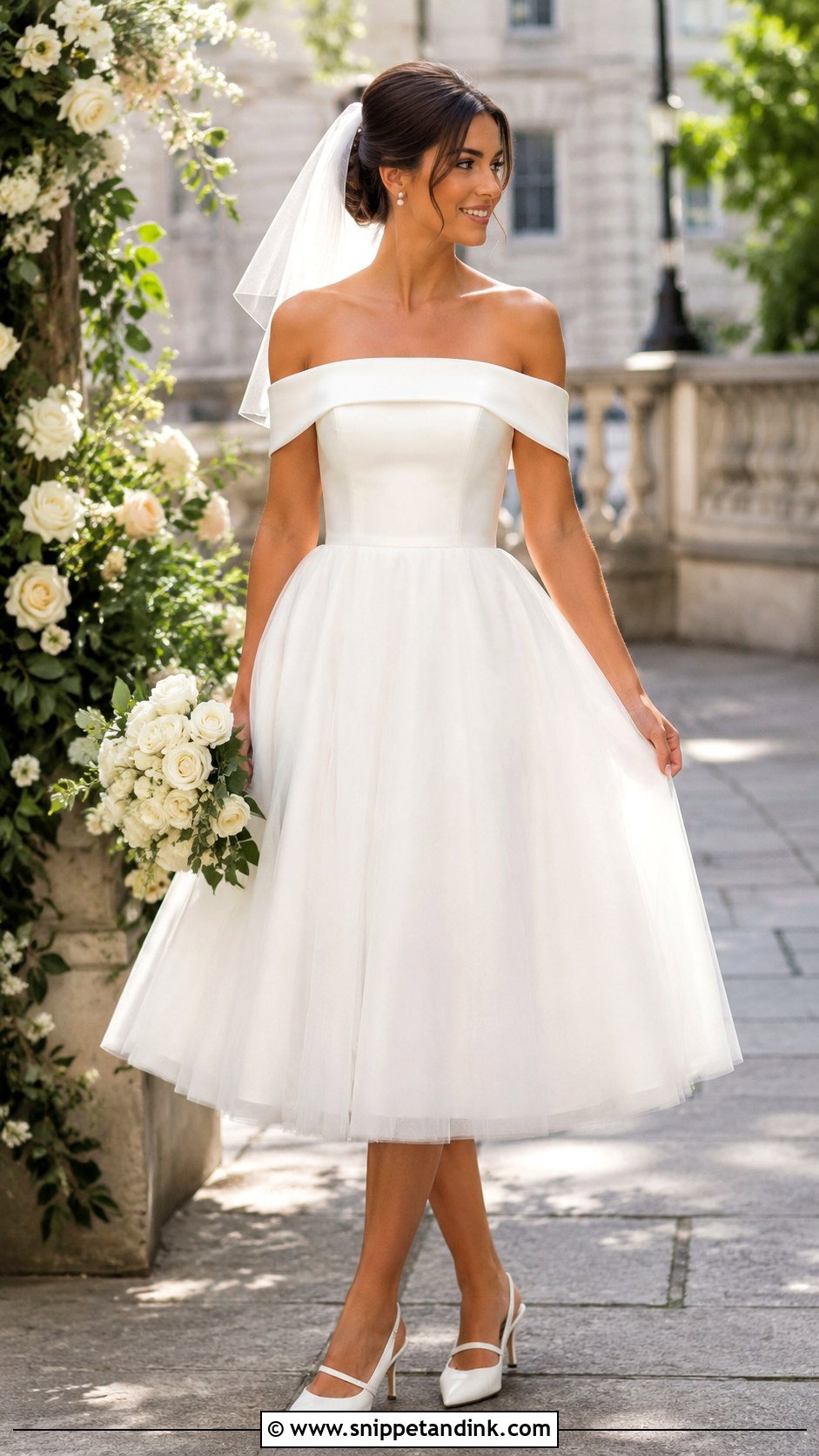Off The Shoulder Tea Length Wedding Dress - Snippet and Ink - 30 Off the Shoulder Wedding Dresses