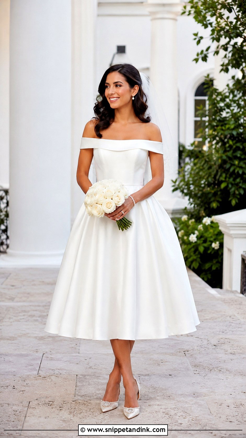 Off The Shoulder Tea Length Wedding Dress - Snippet and Ink - 25 Off the Shoulder Wedding Dress Ideas
