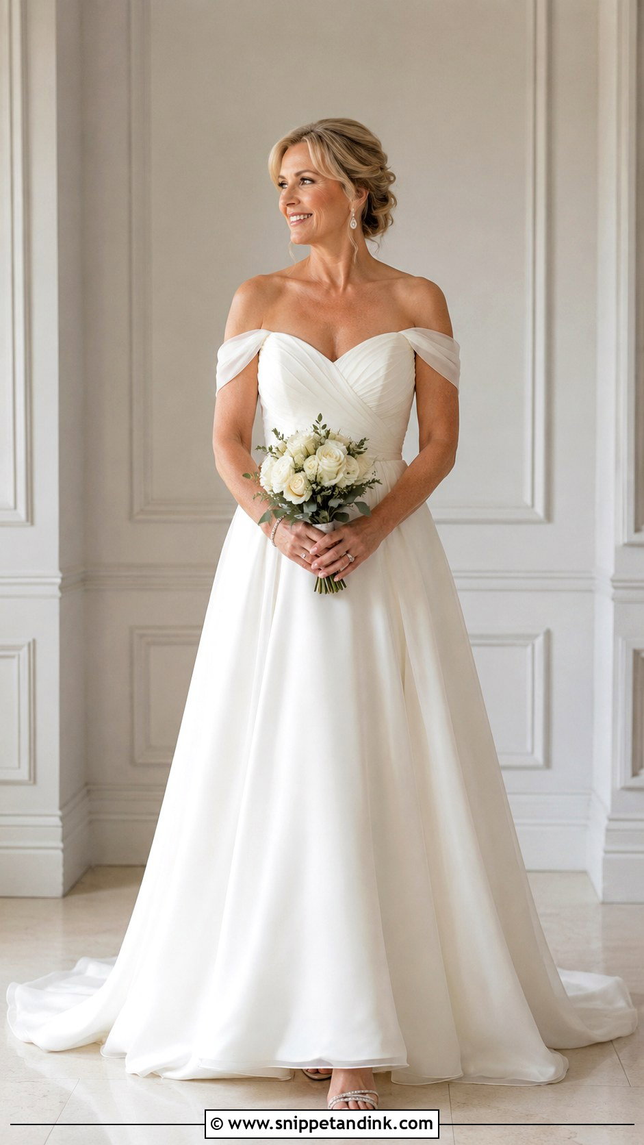 Off The Shoulder Wedding Dress For Women Over 50 - Snippet and Ink - 25 Over 50 Wedding Dress Ideas