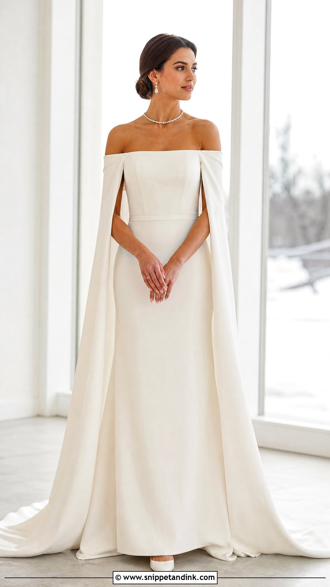 Off The Shoulder Wedding Dress With Cape Sleeves - Snippet and Ink - 20 Warm Wedding Dress Ideas