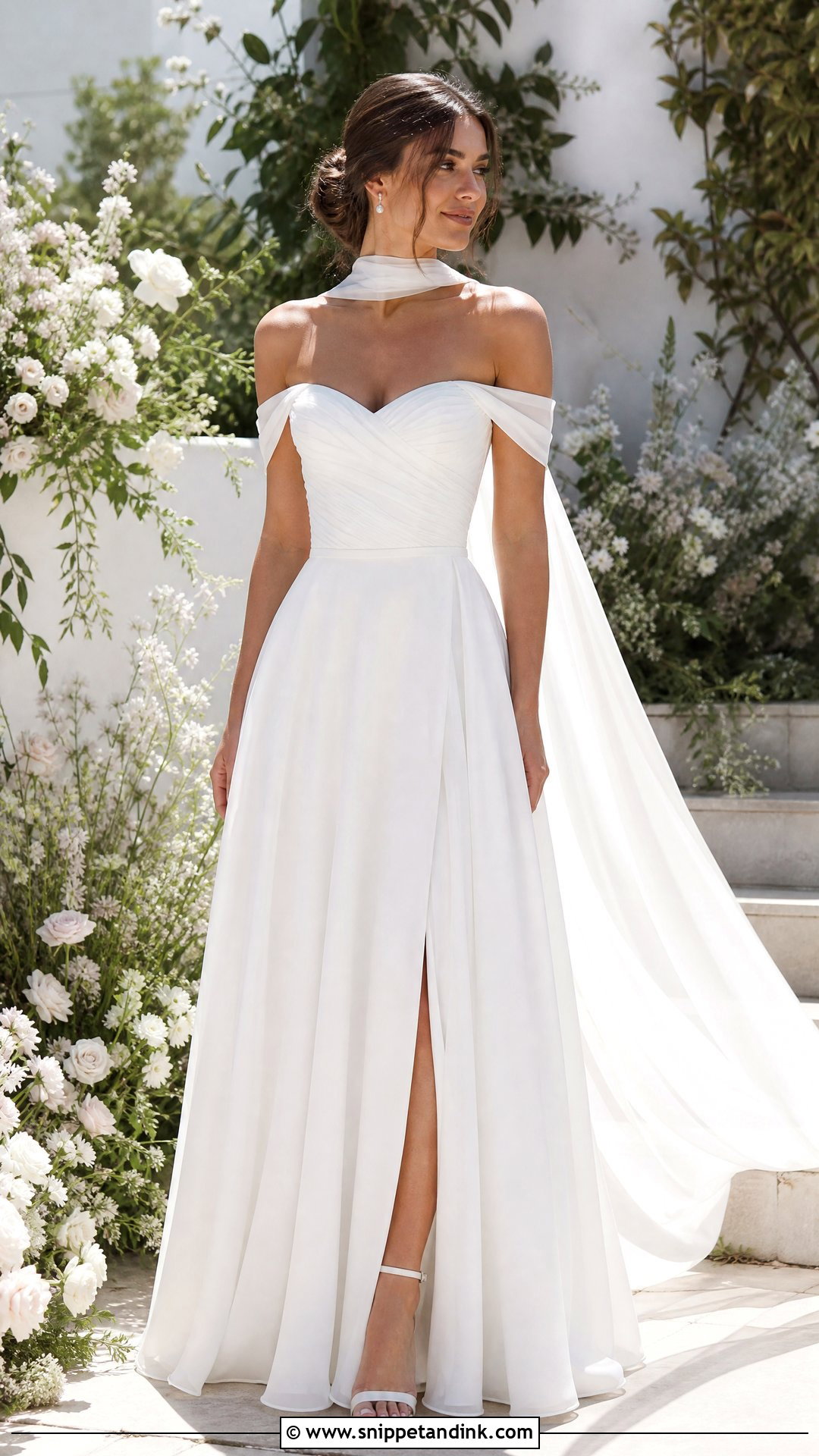 Off The Shoulder Wedding Dress With Chiffon Scarf - Snippet and Ink - 25 Neck Scarf Wedding Dress Ideas