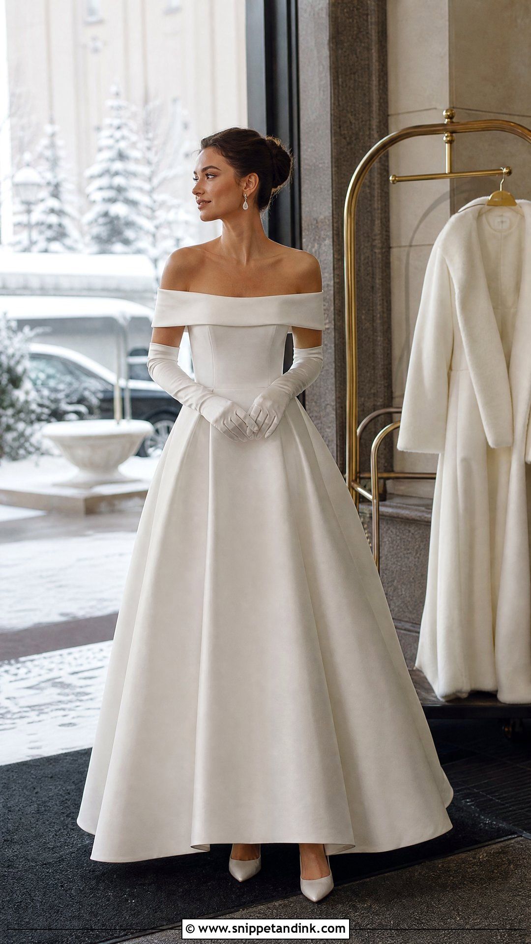 Off The Shoulder Wedding Dress With Gloves - Snippet and Ink - 20 Winter Wonderland Wedding Dress Ideas