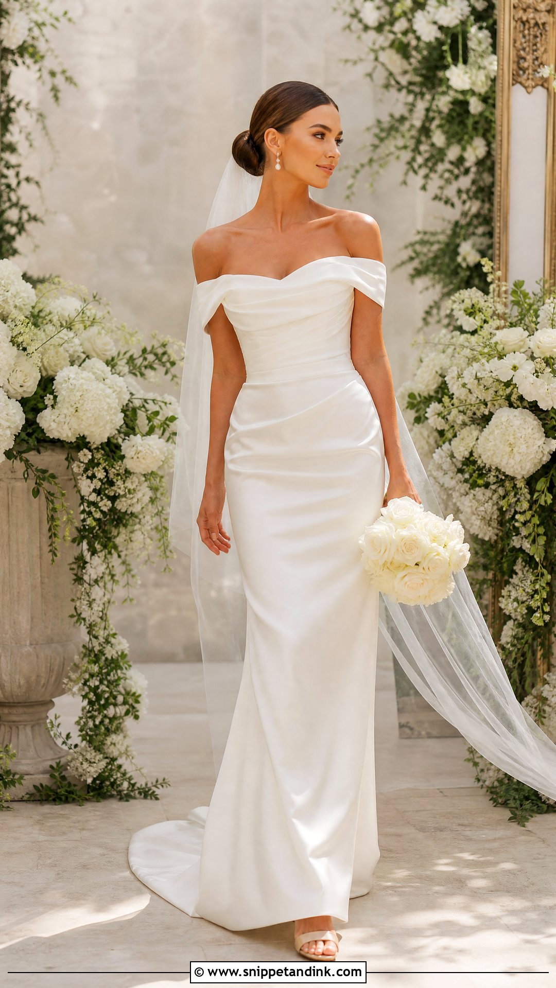 Off The Shoulder Wedding Dress With Pearl Earrings - Snippet and Ink - 25 Different Wedding Dress Styles