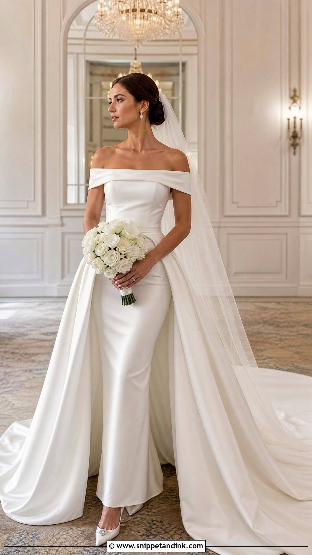 Off The Shoulder Wedding Dress With Satin Overskirt - Snippet and Ink - 20 Wedding Dress Detachable Skirt Ideas