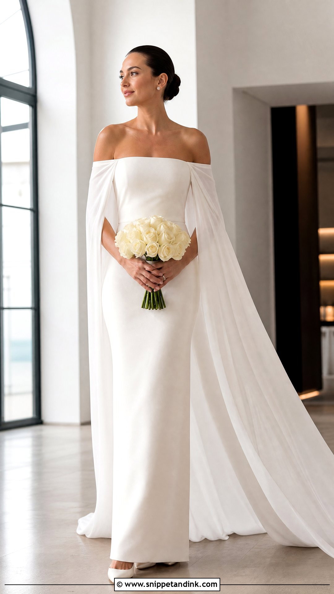 Off White Cape Sleeve Bridal Dress - Snippet and Ink - 20 Off White Bridal Dress Ideas