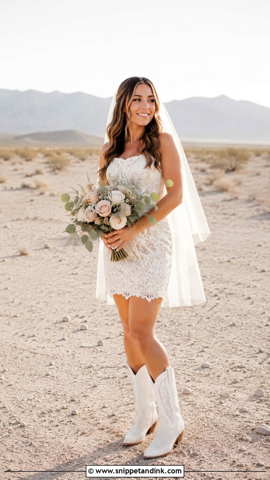 Off White Dress With Cowboy Boots - Snippet and Ink - 30 Vegas Elopement Dress Ideas