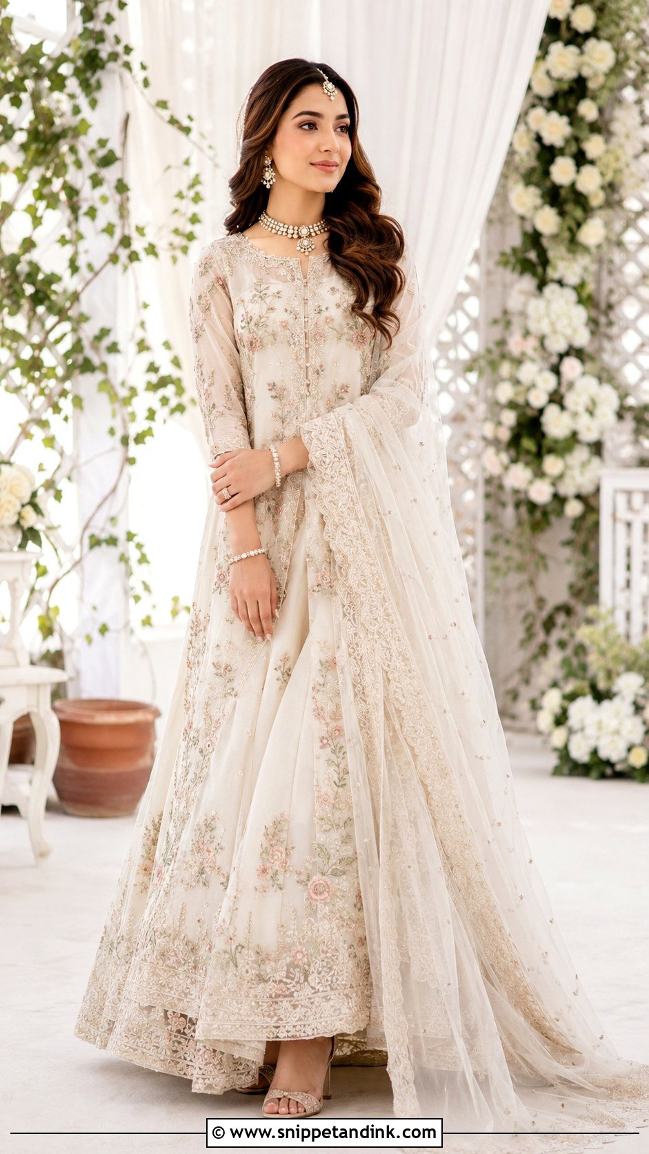 Off White Nikah Lehenga With Floral Embroidery - Snippet and Ink - 25 Pakistani Nikah Bridal Wear Ideas