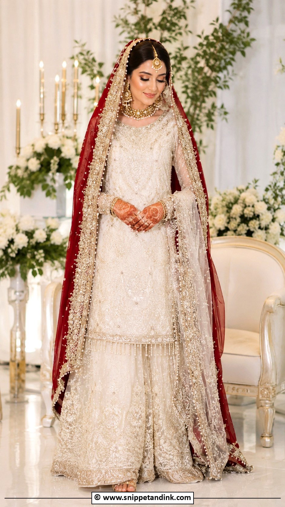 Off White Nikkah Lehenga With Red Dupatta - Snippet and Ink - 30 Pakistani Nikkah Dress Ideas
