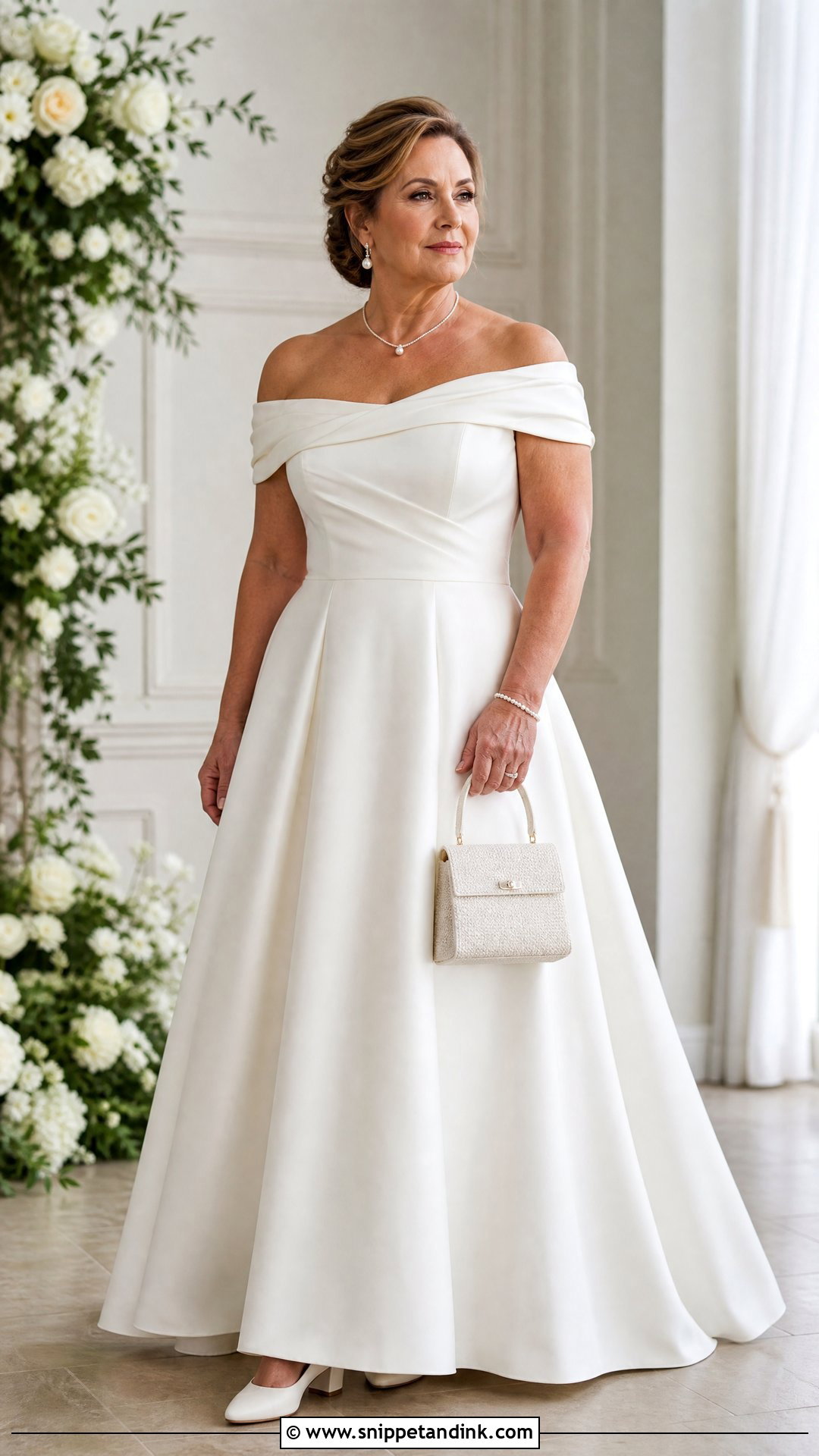 Off the Shoulder A Line Wedding Dress - Snippet and Ink - 20 Older Women Wedding Dresses