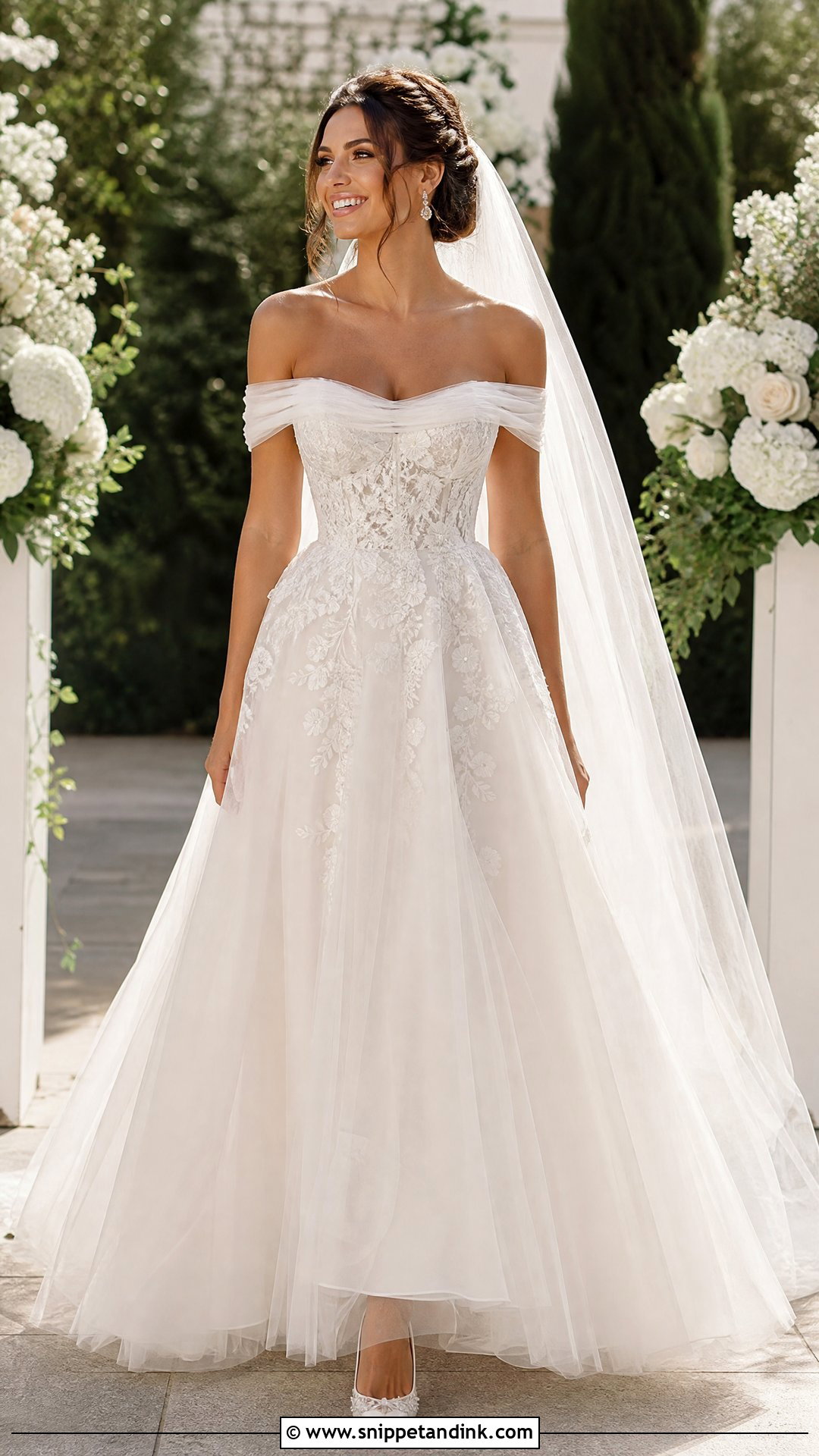 Off the Shoulder A Line Wedding Dress for Broad Shoulders - Snippet and Ink - 20 Wedding Dresses for Broad Shoulders