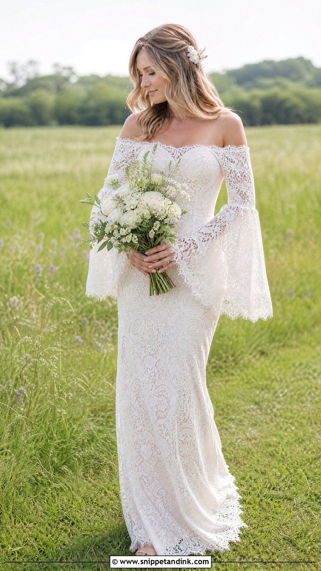 Off the Shoulder Bell Sleeve Wedding Dress - Snippet and Ink - 20 Wedding Dress Off the Shoulder Sleeves