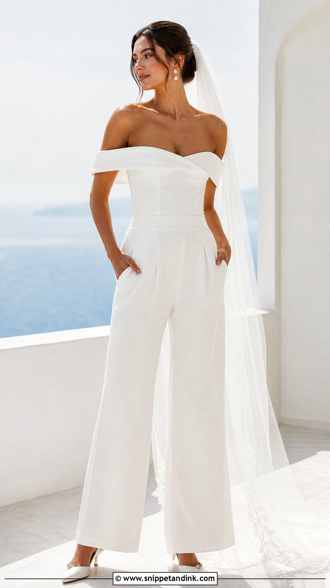 Off the Shoulder Bridal Jumpsuit - Snippet and Ink - 20 Pants Wedding Dress Ideas