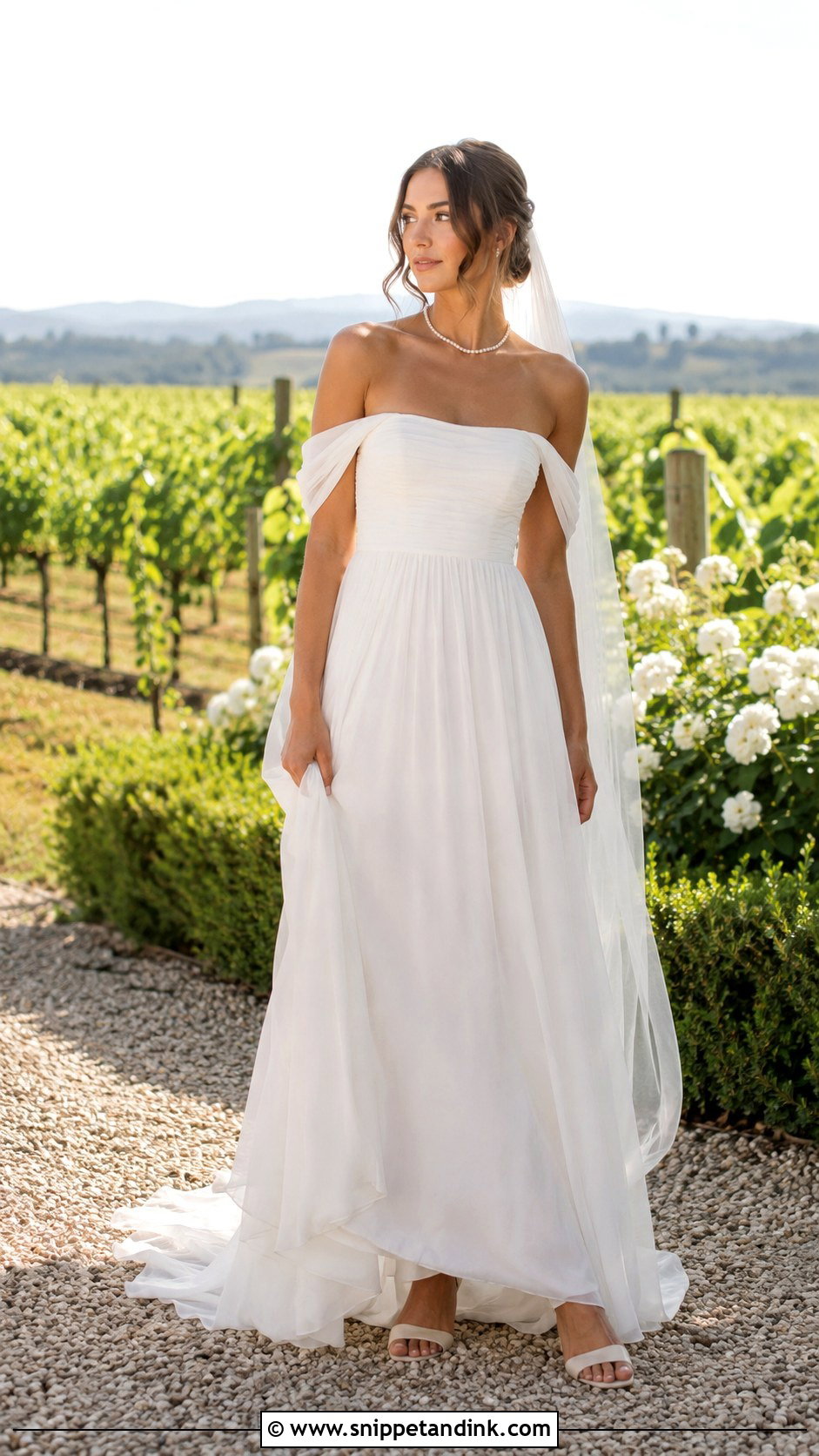 Off the Shoulder Chiffon Wedding Dress - Snippet and Ink - 20 Loose Wedding Dress Ideas