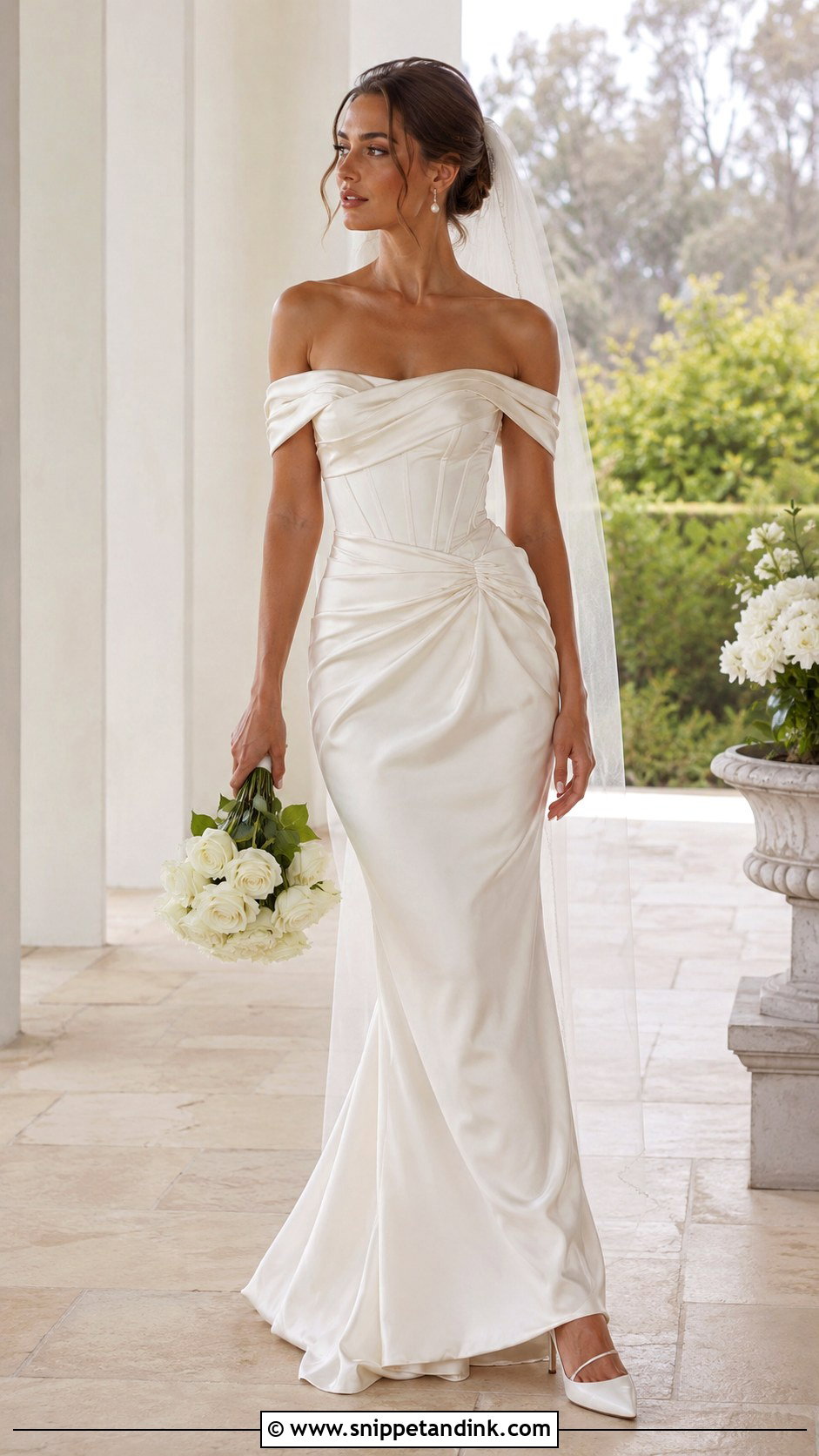 Off the Shoulder Draped Wedding Dress - Snippet and Ink - 20 Barbra Palvin Wedding Dress Ideas