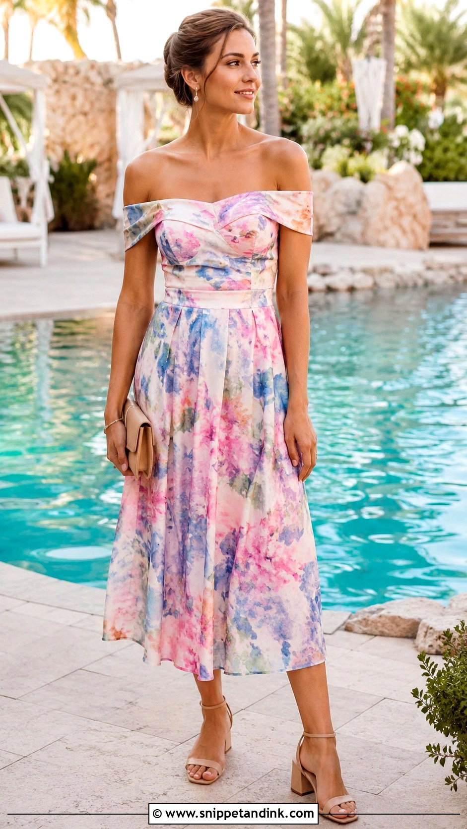 Off the Shoulder Dress Pool Party Outfit - Snippet and Ink - 20 Wedding Pool Party Outfit Ideas