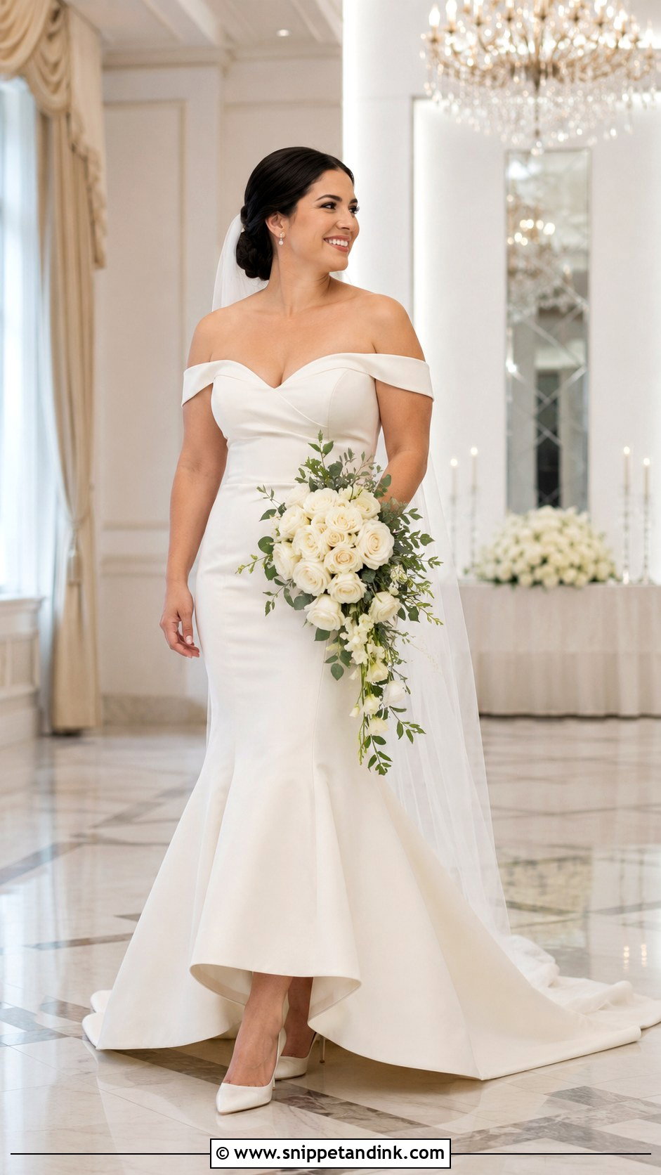Off the Shoulder Fit and Flare Wedding Dress - Snippet and Ink - 20 Best Wedding Dresses for Short Brides