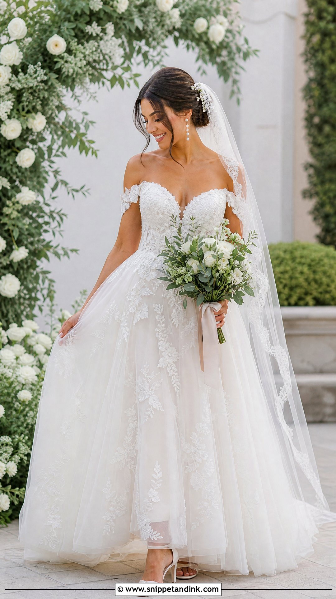Off the Shoulder Lace A Line Wedding Dress - Snippet and Ink - 20 Wedding Dresses for Small Chest