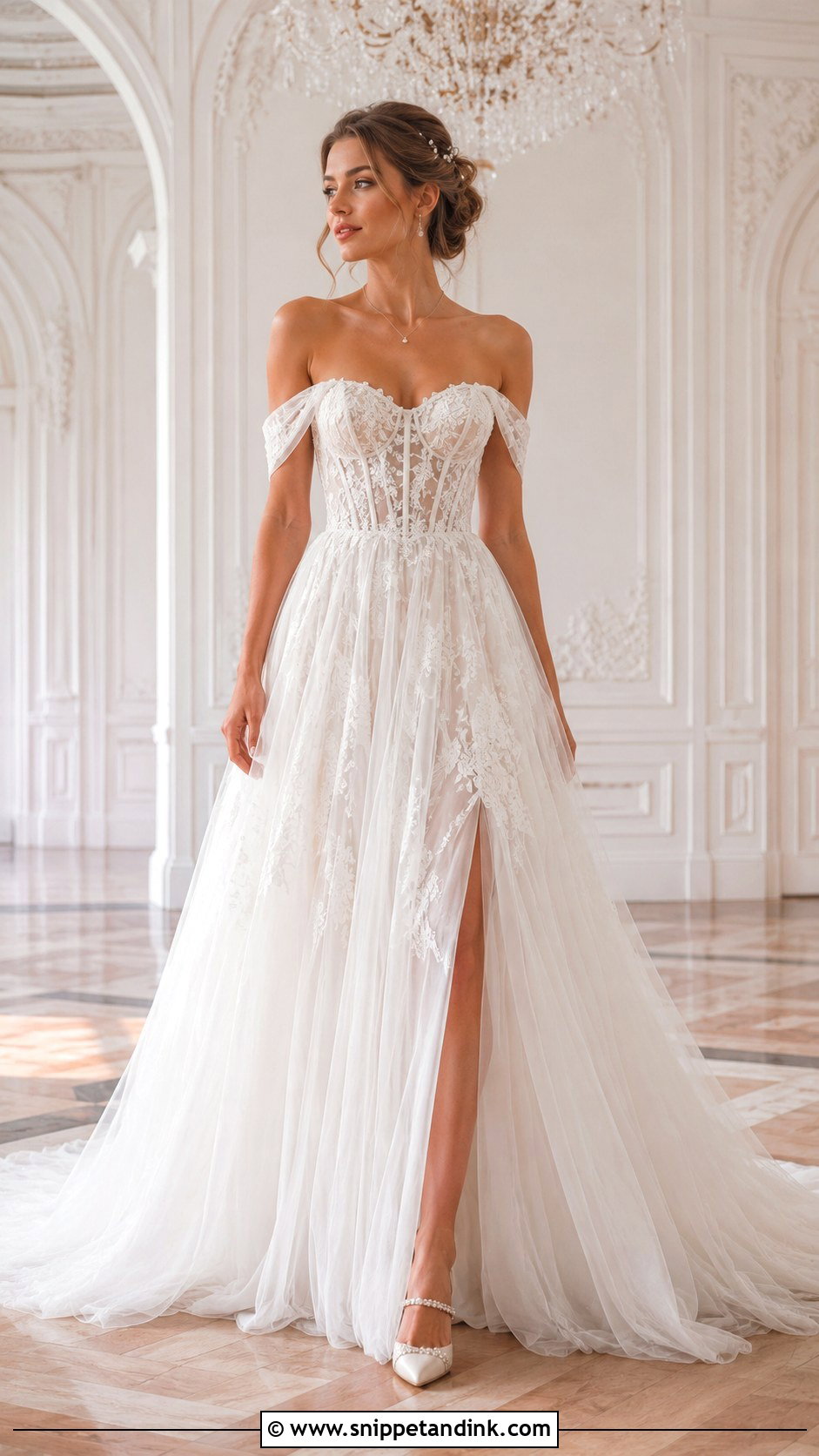Off the Shoulder Lace Corset Wedding Dress - Snippet and Ink - 20 Lace Corset Wedding Dresses