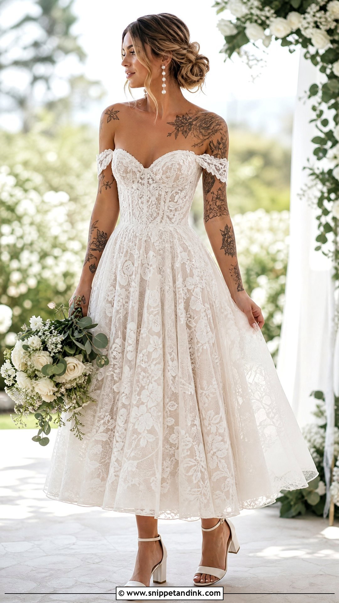 Off the Shoulder Lace Fit and Flare Wedding Dress - Snippet and Ink - 20 Wedding Dresses Tattooed Women