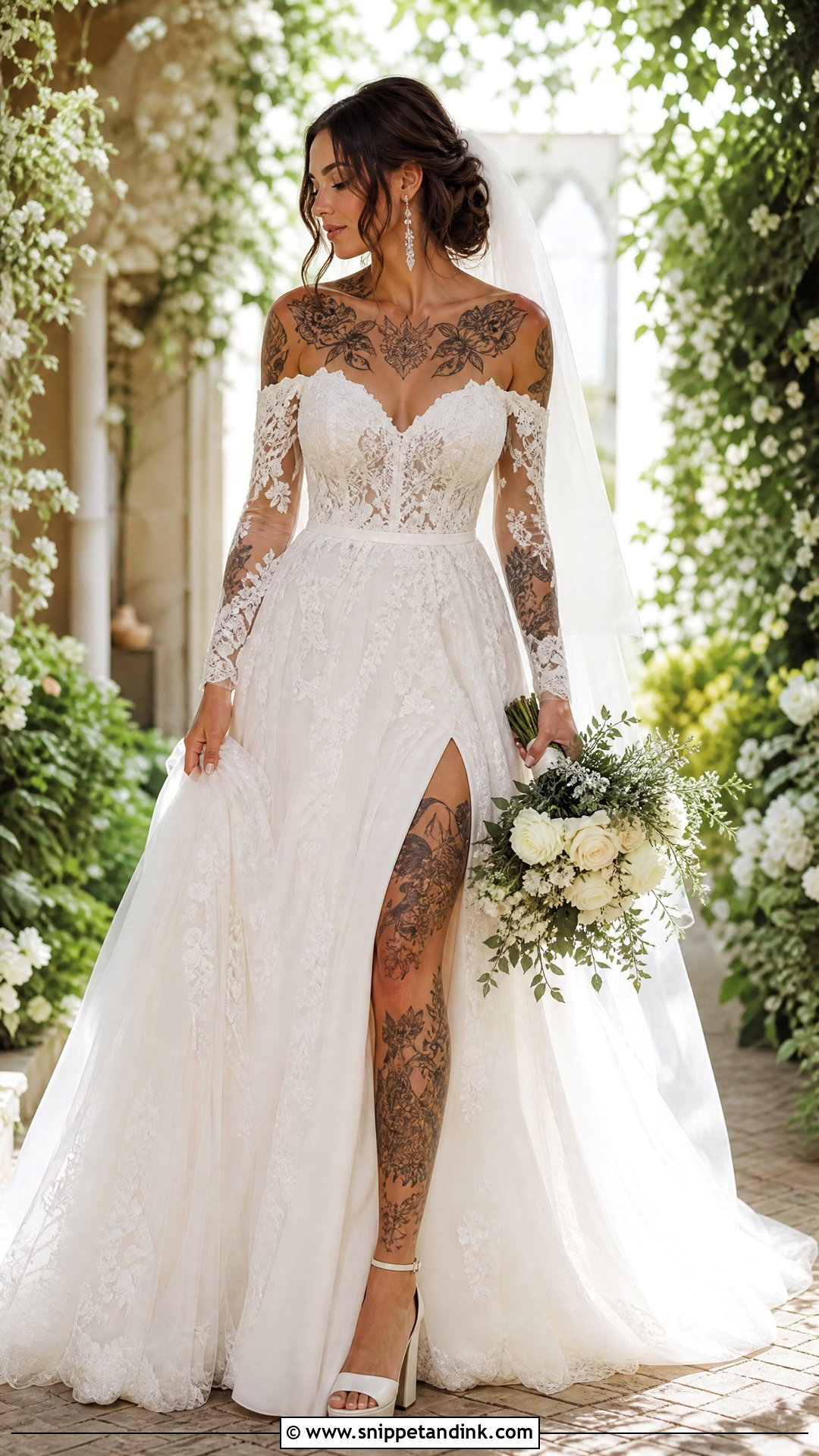 Off the Shoulder Lace Wedding Dress - Snippet and Ink - 20 Tattooed Bride Wedding Dress Ideas