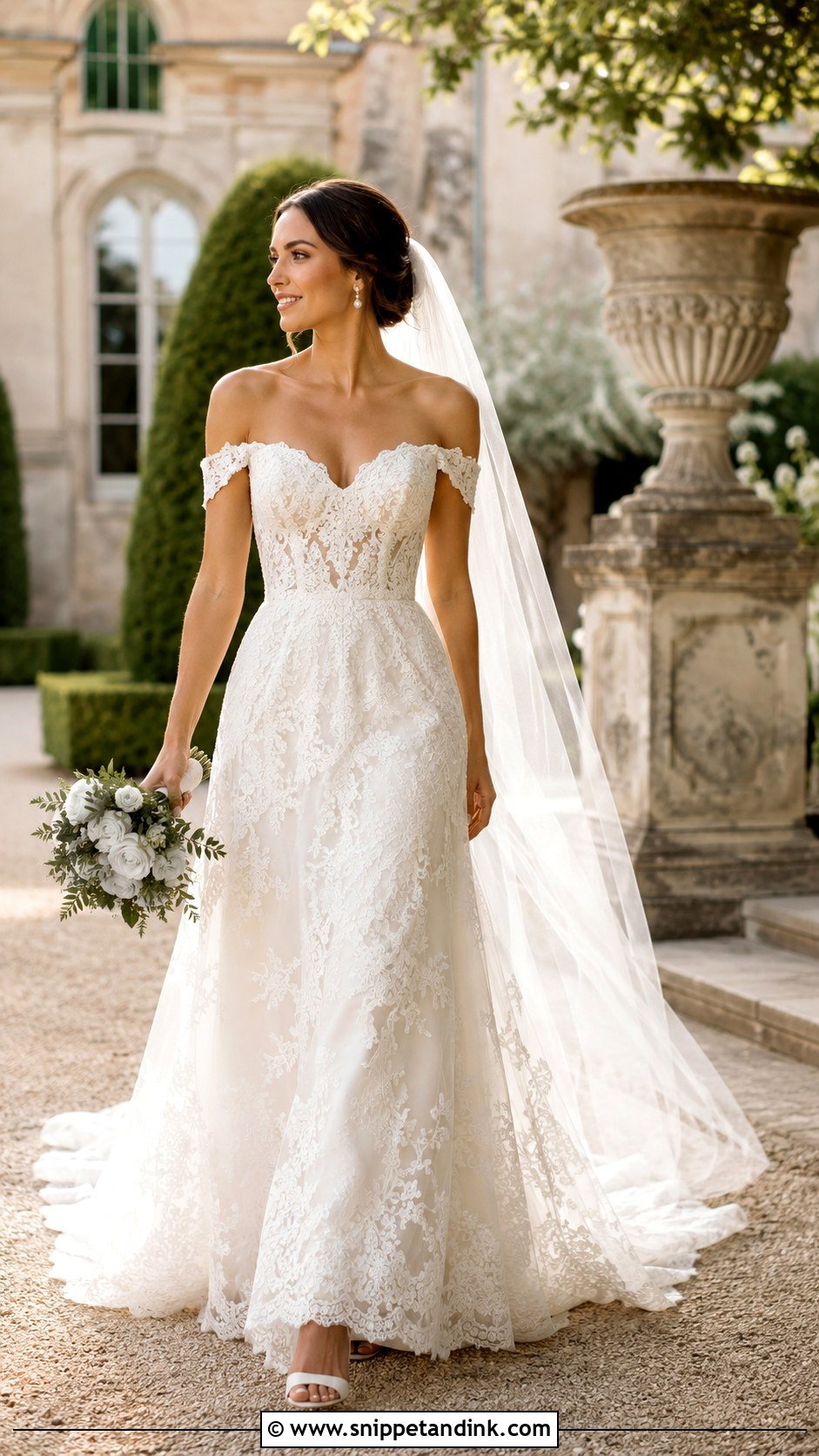 Off the Shoulder Lace Wedding Dress With Train - Snippet and Ink - 20 Modern Lace Wedding Dress Ideas