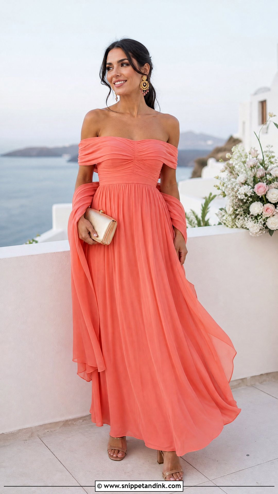 Off the Shoulder Maxi Dress Wedding Outfit - Snippet and Ink - 20 Sister’s Wedding Outfit Ideas