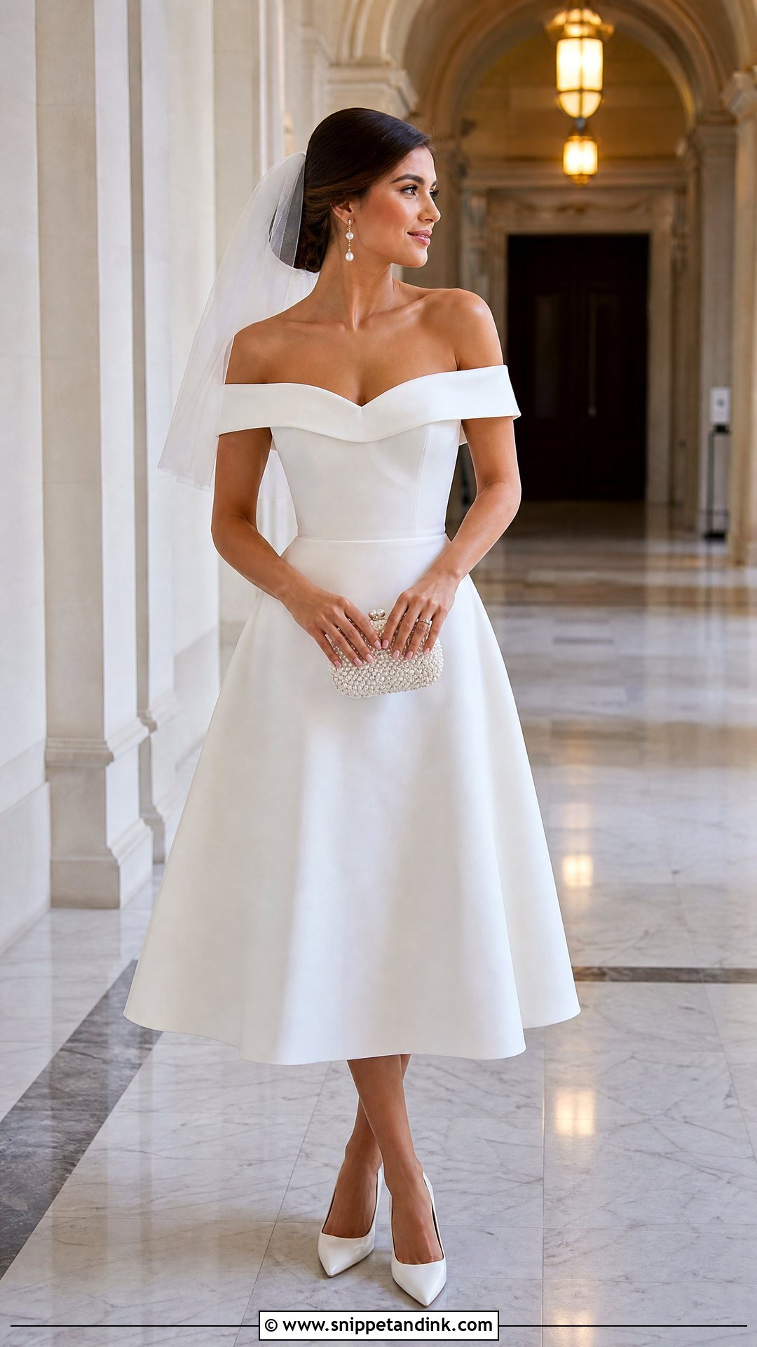 Off the Shoulder Midi Civil Ceremony Wedding Dress - Snippet and Ink - 25 Civil Ceremony Wedding Dress Ideas