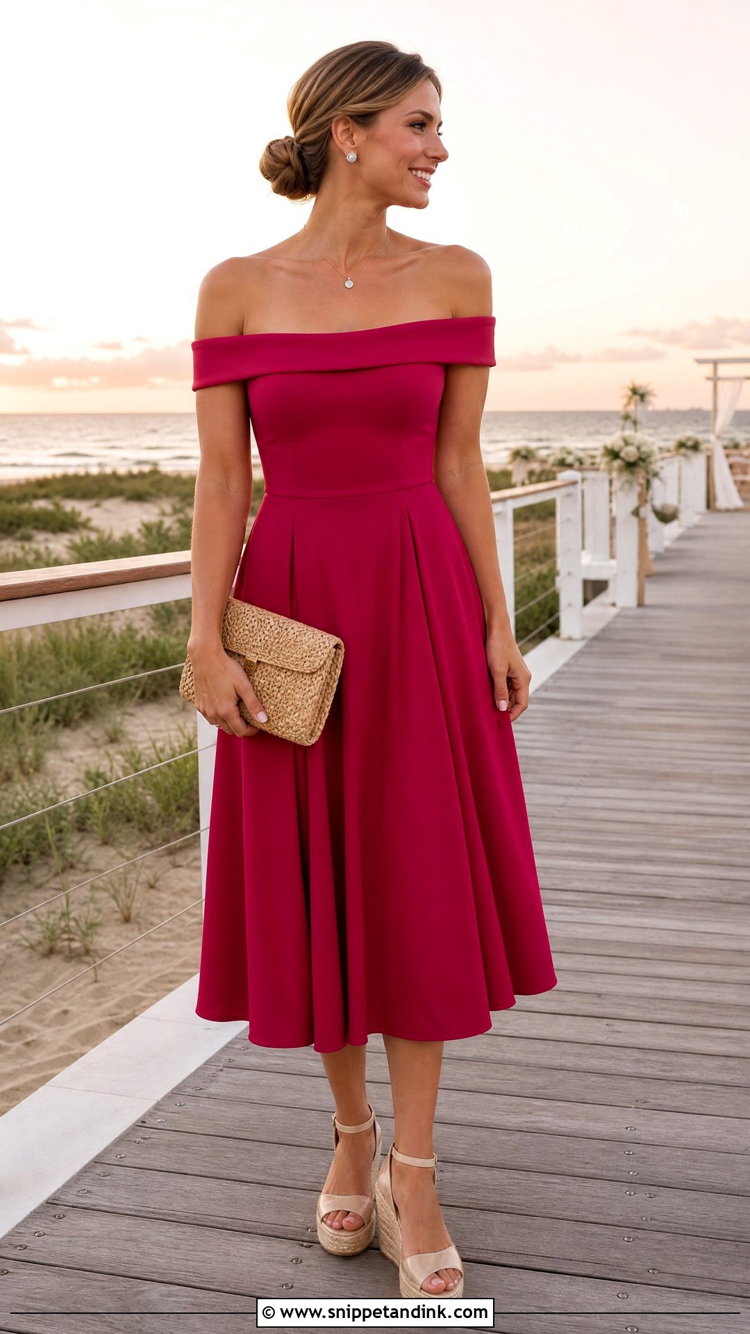 Off the Shoulder Midi Dress Beach Wedding Outfit - Snippet and Ink - 20 What to Wear to a Beach Wedding Ideas