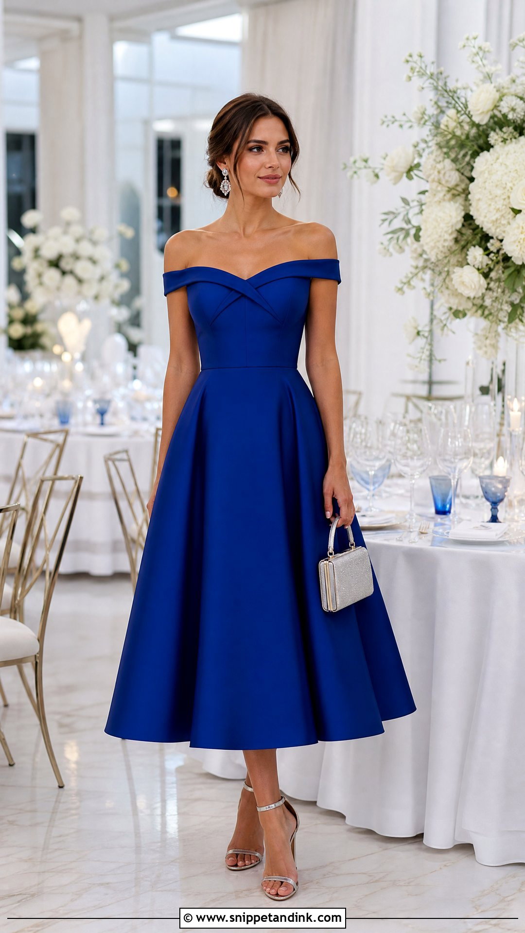 Off the Shoulder Midi Dress Wedding Outfit - Snippet and Ink - 20 Wedding Wear for Women Ideas