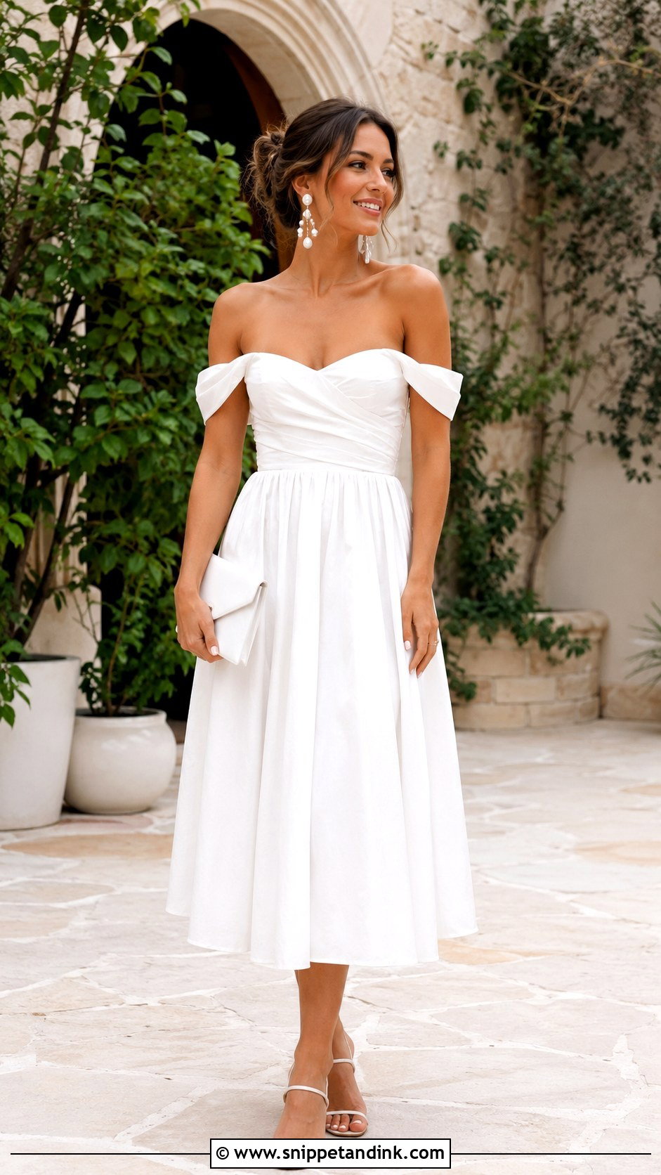 Off the Shoulder Midi Dress for a Brides Rehearsal Dinner - Snippet and Ink - 20 Casual Rehearsal Dinner Outfit for Bride Ideas