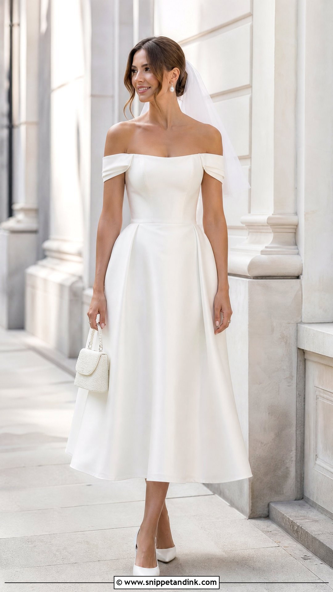 Off the Shoulder Midi Wedding Dress - Snippet and Ink - 20 Simple Off the Shoulder Wedding Dress Ideas