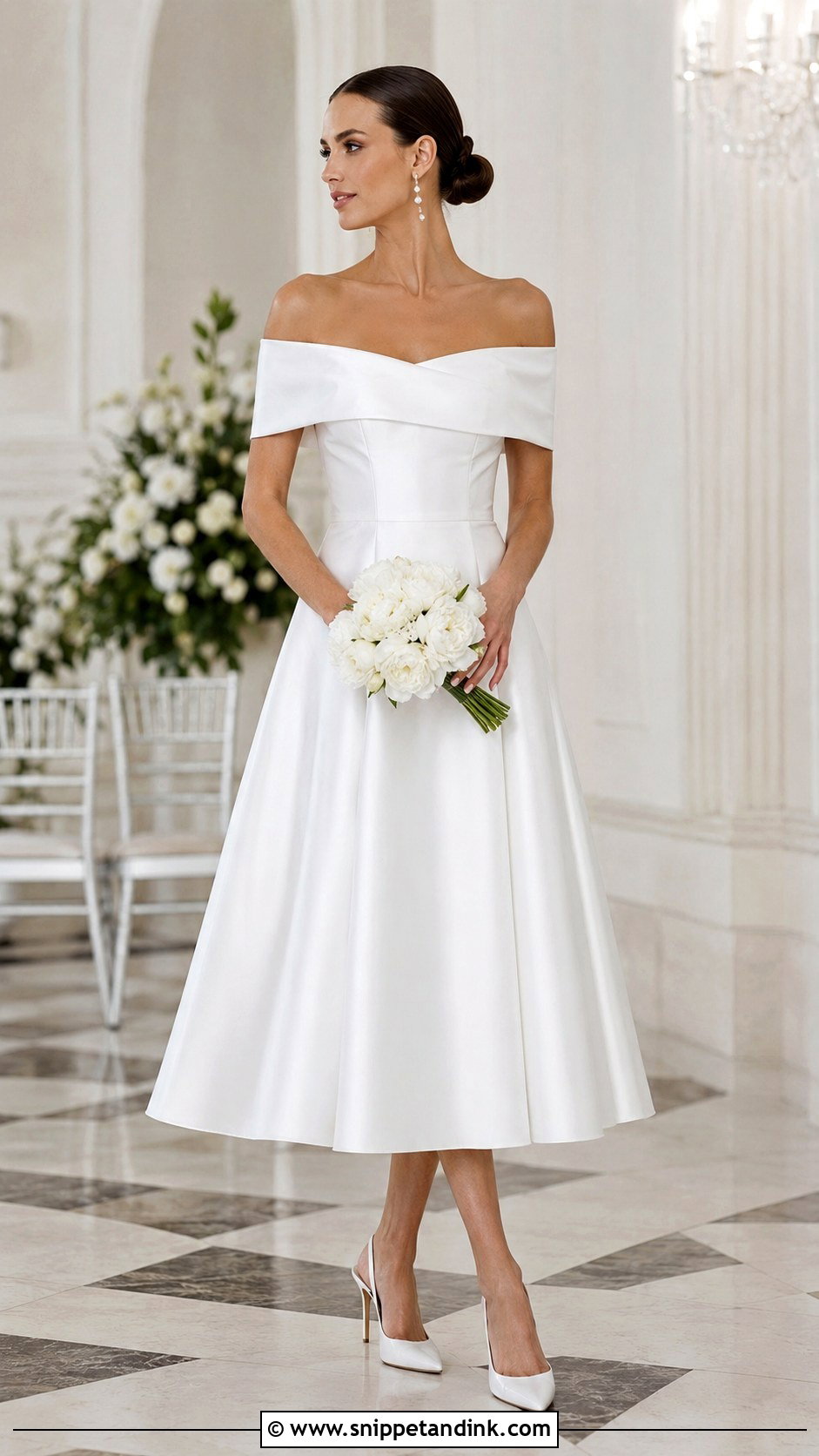 Off the Shoulder Midi Wedding Dress - Snippet and Ink - 20 Midi Length Wedding Dress Ideas