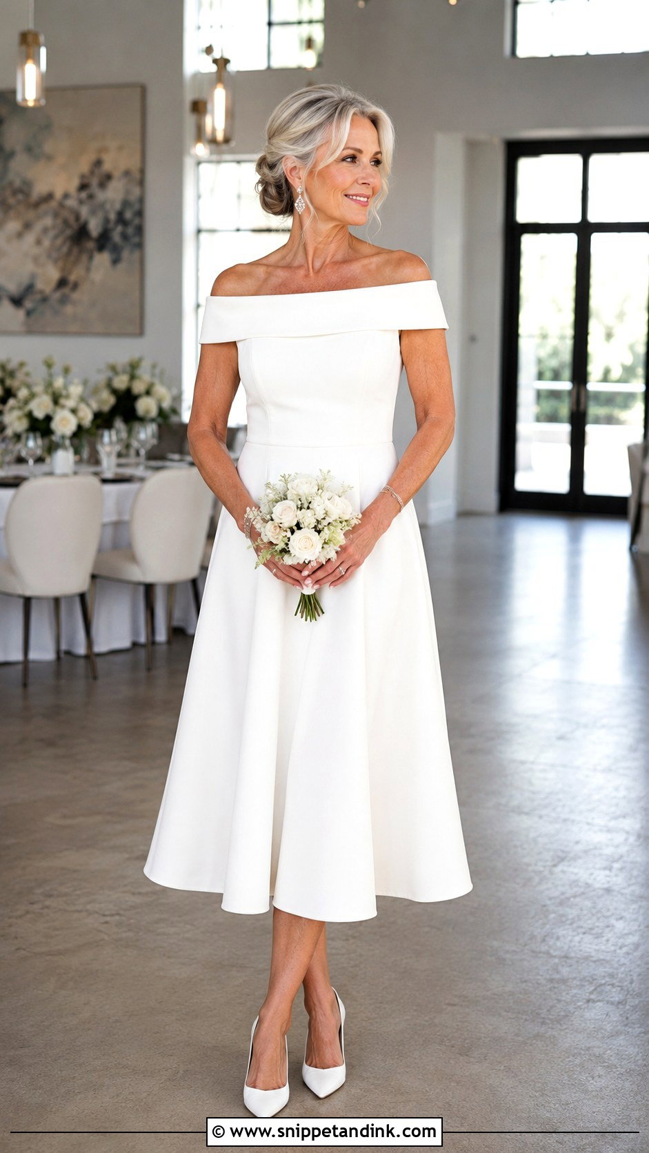 Off the Shoulder Midi Wedding Dress - Snippet and Ink - 20 Wedding Dresses for Older Brides