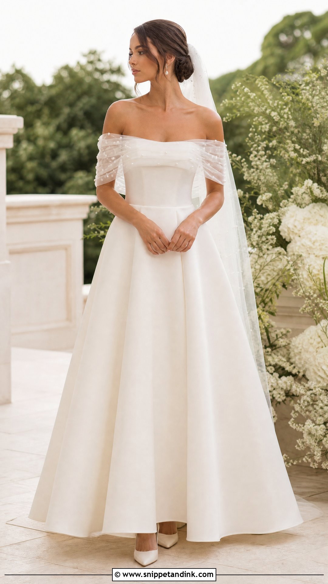Off the Shoulder Pearl Wedding Dress - Snippet and Ink - 20 Pearl Wedding Dresses