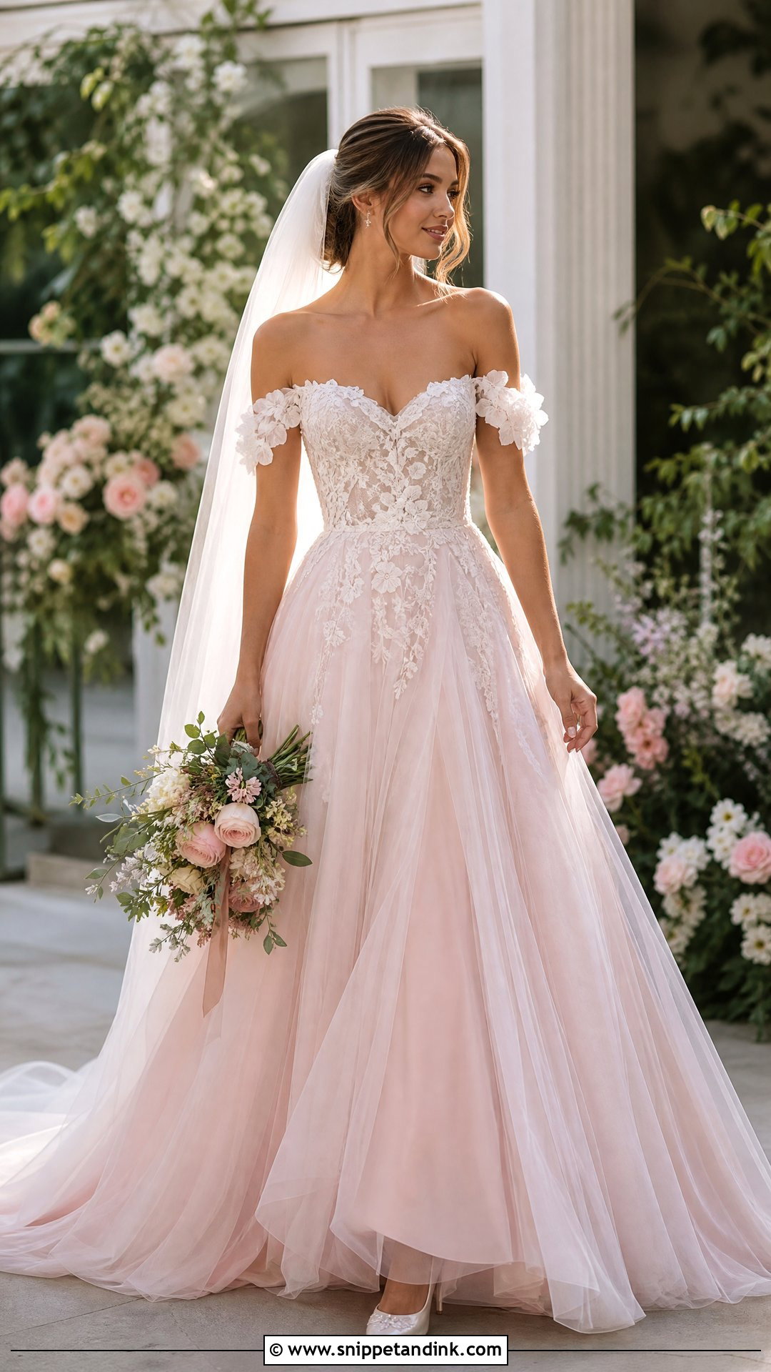Off the Shoulder Pink and White Wedding Dress - Snippet and Ink - 20 Pink White Wedding Dress Ideas