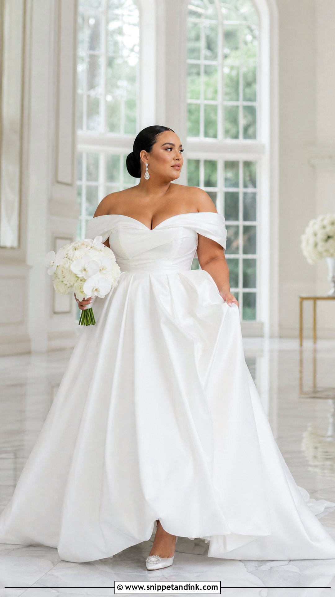 Off the Shoulder Satin Plus Size Ball Gown - Snippet and Ink - 20 Plus Size Wedding Gowns with Sleeves