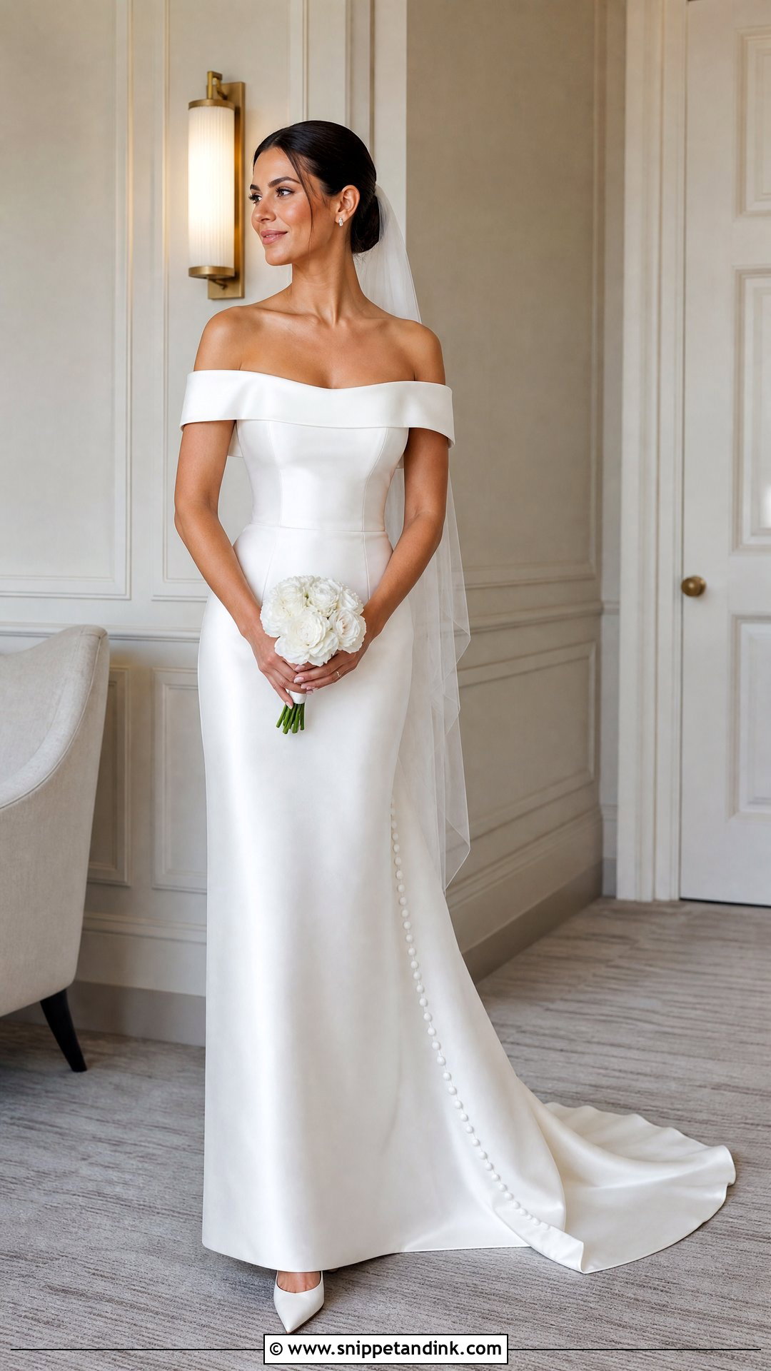 Off the Shoulder Satin Sheath Wedding Dress - Snippet and Ink - 20 Satin Sheath Wedding Dress Ideas