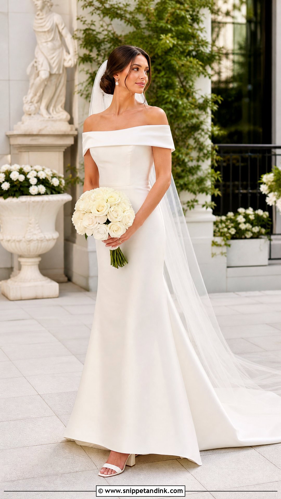 Off the Shoulder Sweep Train Wedding Dress - Snippet and Ink - 20 Sweep Train Wedding Dress Ideas