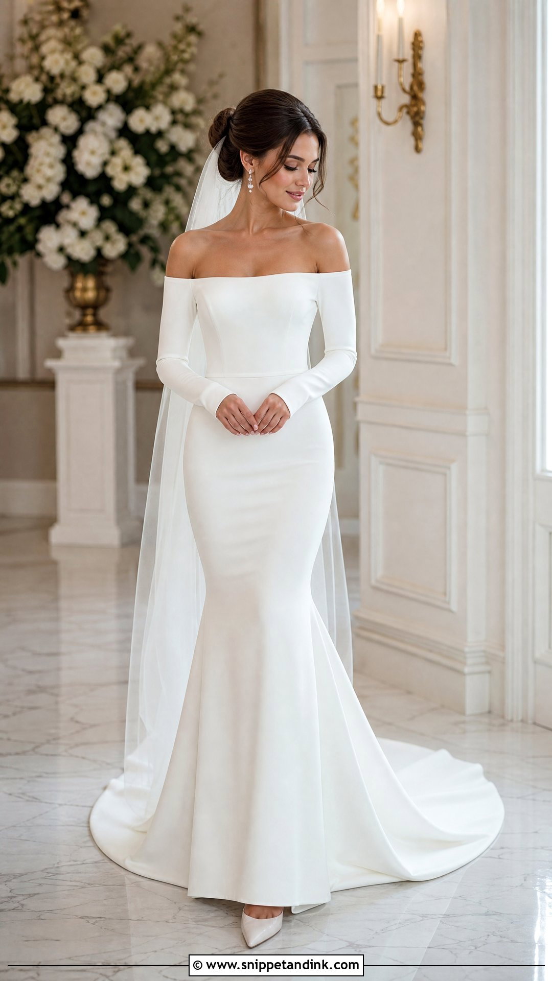 Off the Shoulder Trumpet Wedding Gown - Snippet and Ink - 20 Wedding Gowns for Short Brides